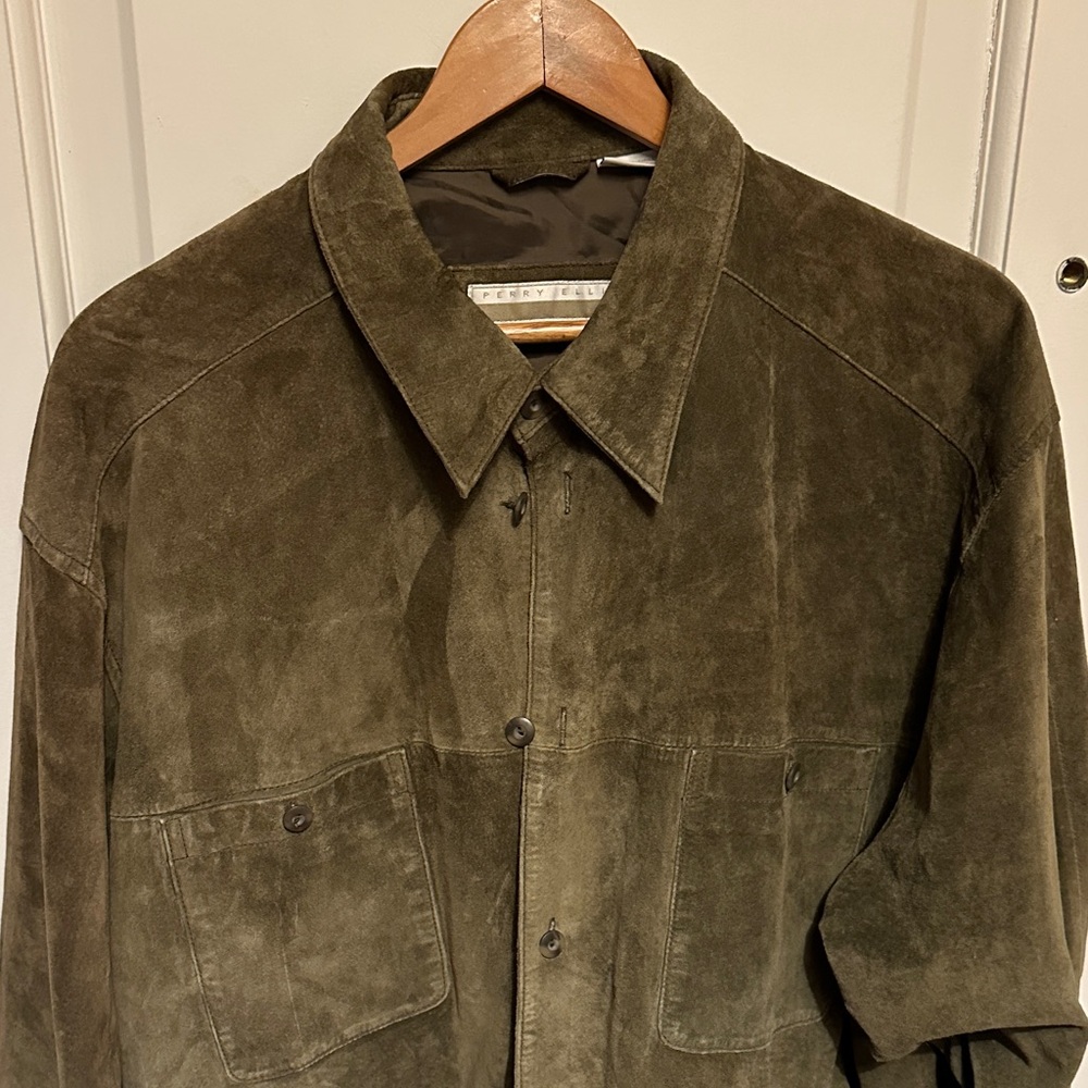 Perry Ellis Olive Suede Button-Front Shirt Jacket